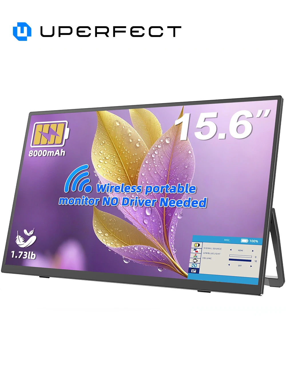 UPERFECT Wireless Portable Monitor Battery-Powered 8000mAh Support AirPlay Miracast 15.6" 1080P IPS USB-C HDMI External Display