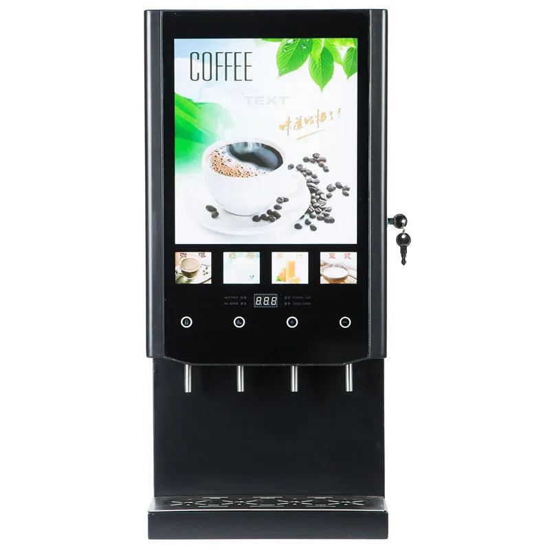 Black commercial coffee and tea vending machine with digital touchscreen display and four beverage dispense nozzles.