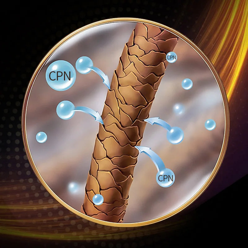 Diagram of negative ion hair dryer technology moisturizing hair cuticles for shiny, frizz-free, quick-dry results.