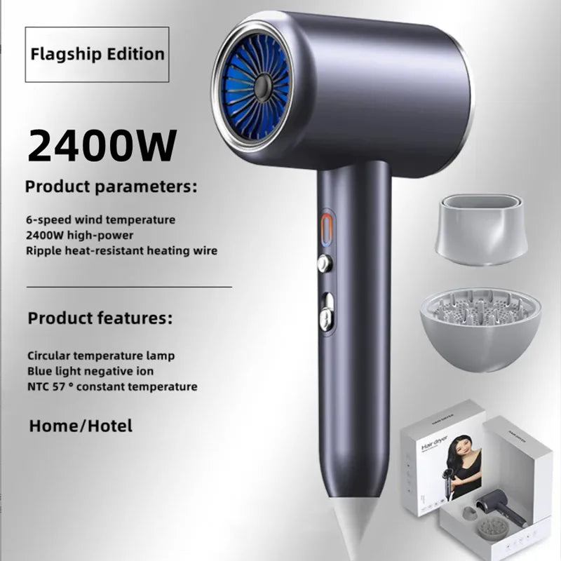 2400W high-speed grey ionic hair dryer with blue light, diffuser, concentrator nozzle, and 6 heat settings.