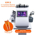 9-in-1 cavitation machine with white base, touch screen, multiple therapy heads, and a tube of orange slimming gel.