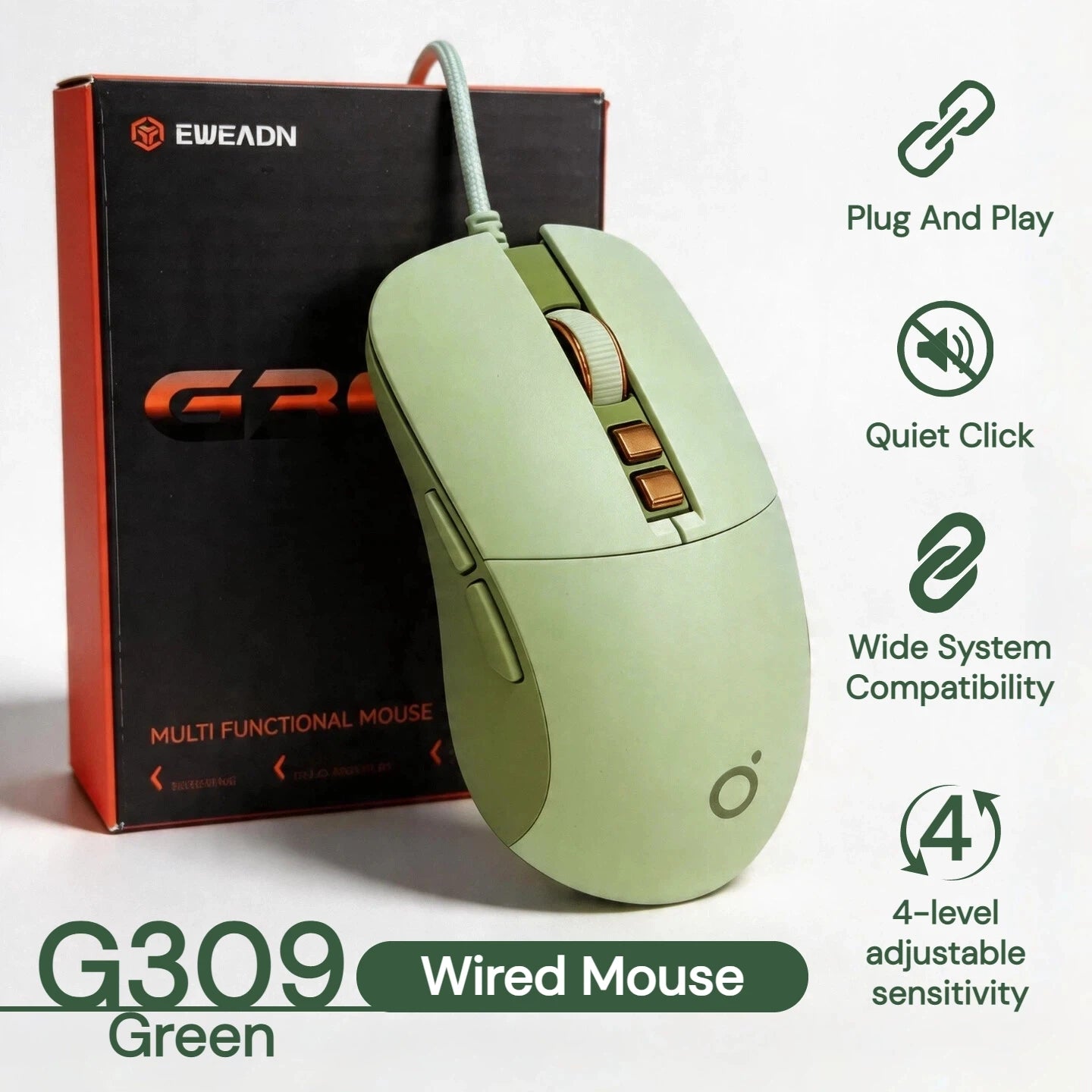 Silent Wired Mouse Aesthetic 2400 DPI Ergonomic USB Optical Computer Mouse for Women Girls Students Office Home Work Laptop PC MacBook Desktop Quiet Click Plug Play Cute Kawaii Mute Mice Sage Green Pink Beige Minimalist Desig