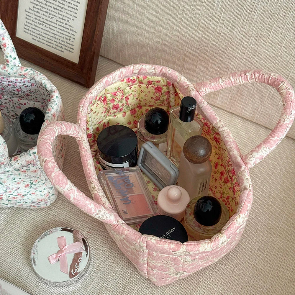 Airfriend Cute Pink Flower Organizers Basket With Handle Home Room Quilted Foldable Storage Basket For Pet Toys Organizer Basket