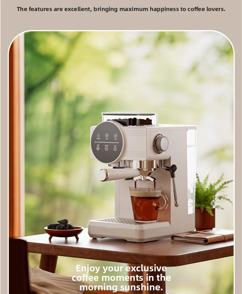 Compact white espresso machine with digital touch display, portafilter, and steam wand brewing coffee in a sunny home.