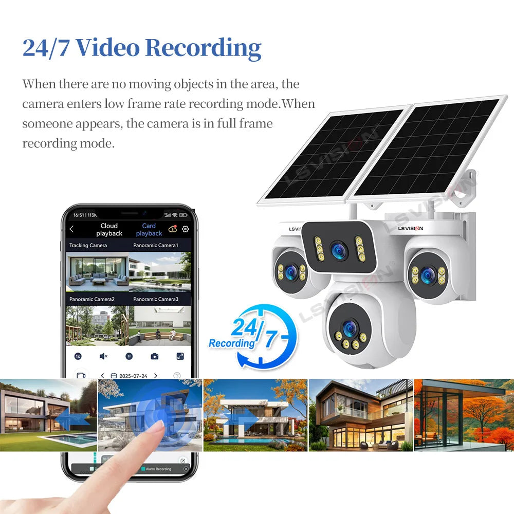LS VISION 20MP Four Screens Solar Security Camera Outdoor 12X Zoom 4-Lens 4G Sim Ai Tracking Waterproof CCTV 24/7 Recording AOV