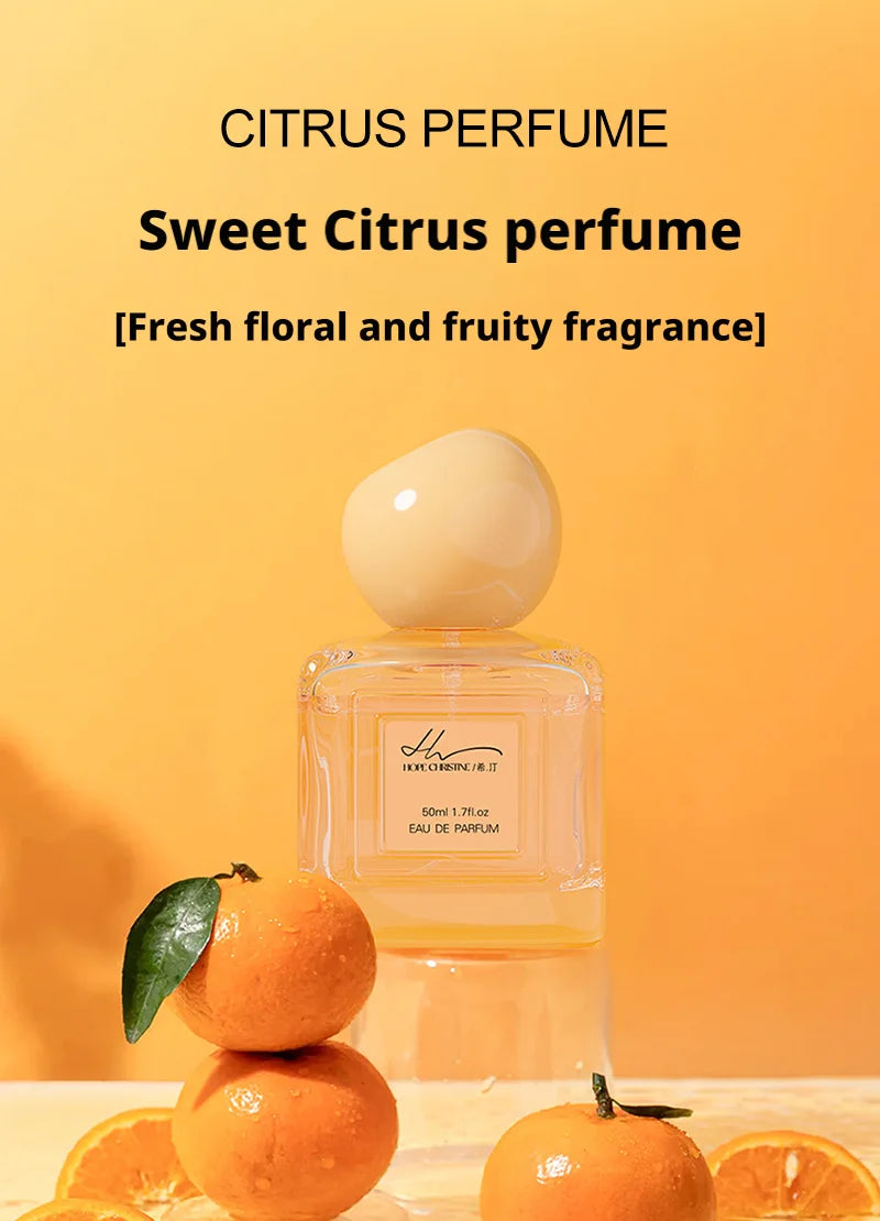 HOPE CHRISTINE 50ml EDP: Women’s fruity citrus perfume with vanilla, watermelon, peach, orange notes in square bottle.