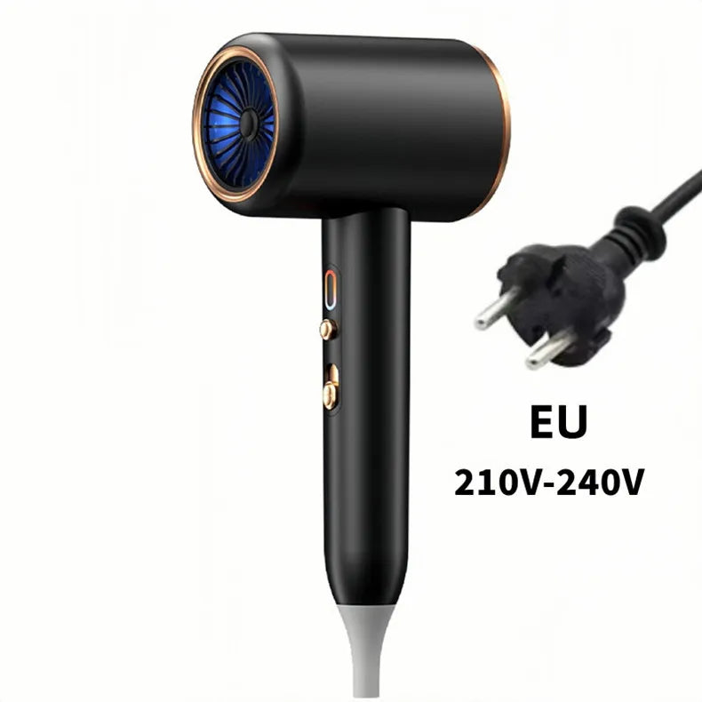 2400W high-speed black hair dryer with blue light, negative ions, gold accents, and EU plug for salon-quality styling.