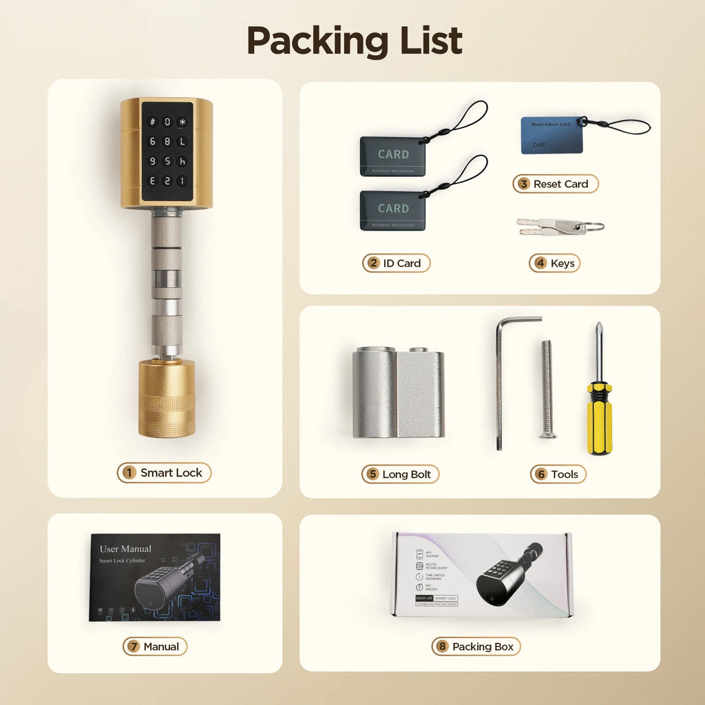 Viladepot Smart Lock Cylinder Fingerprint, Passcode, Card, App Control, Type-C Emergency Power, Indoor Door Lock
