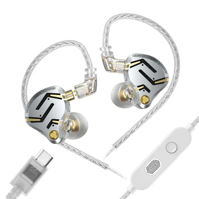 KZ ZS12 Pro Hybrid In-Ear Monitors HiFi Wired Earphones - Tidesmit silver with mic-C Tidesmit