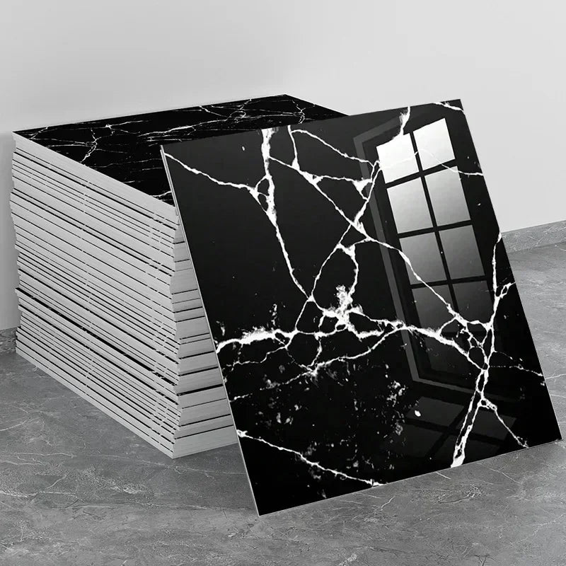 Peel-and-stick marble backsplash panel, black with white crackle marble pattern