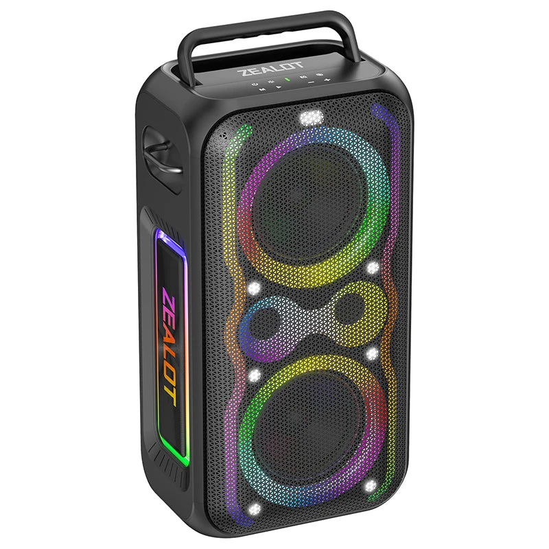 Zealot-PT21 portable Bluetooth speaker, black with multicolor LED ring lights and carry handle
