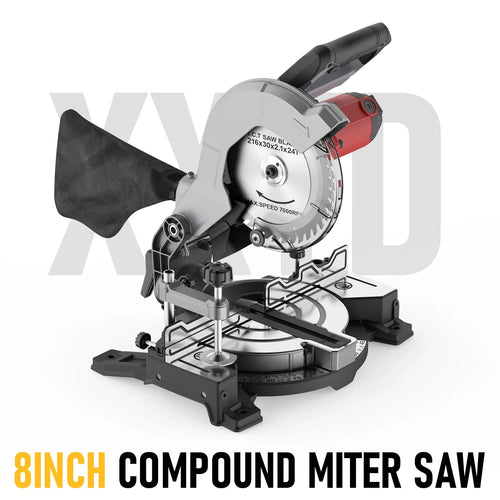 Compound miter saw with black base, silver blade guard, and red motor housing