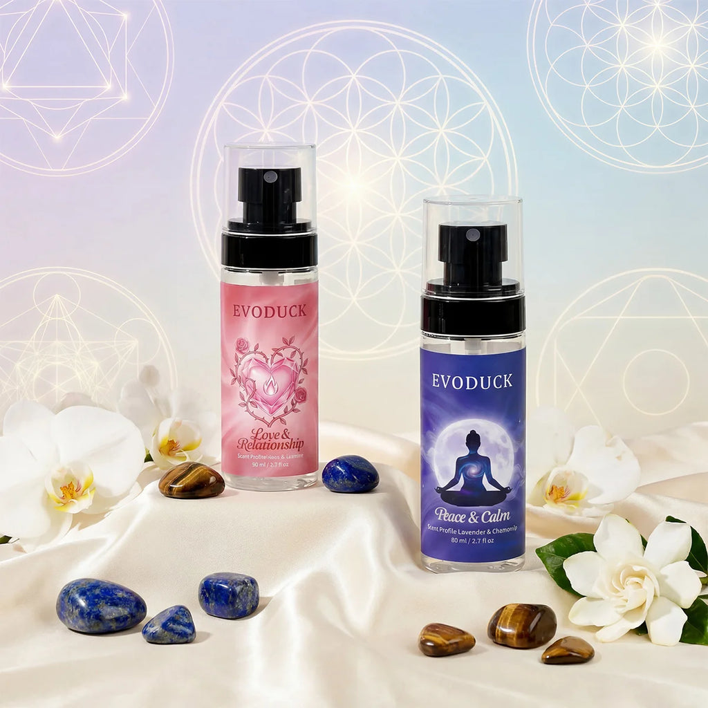 Evoduck Rose & Jasmine and Lavender & Chamomile body spray mist set. 2.7oz travel-size cylindrical bottles for women.