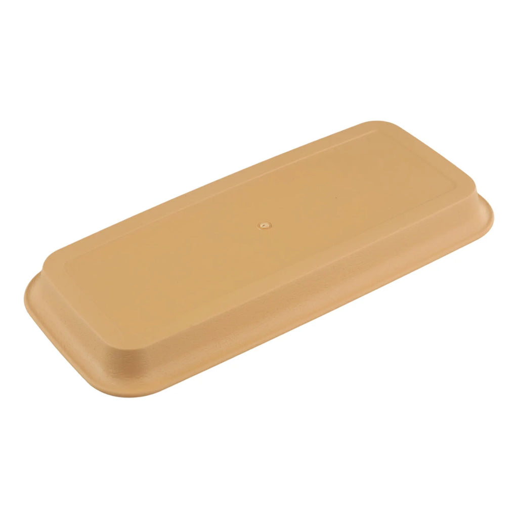 Rectangular tan plastic plant water tray with rounded corners and raised edges