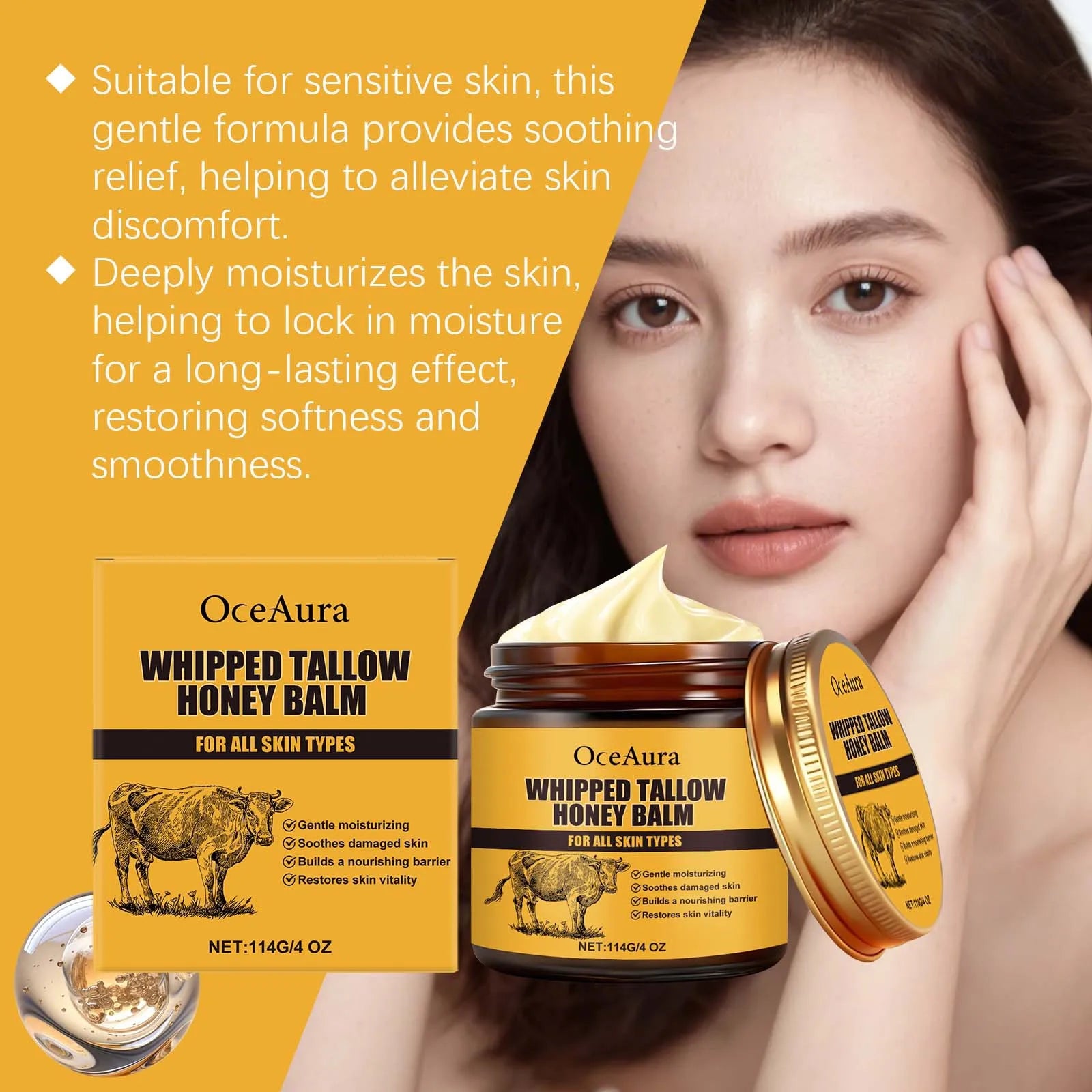 Beef Tallow Honey Balm Deep Hydrating Soft Smooth Skin Damage Care Tighten Fine Lines Facial Moisturizer Rejuvenating Face Cream