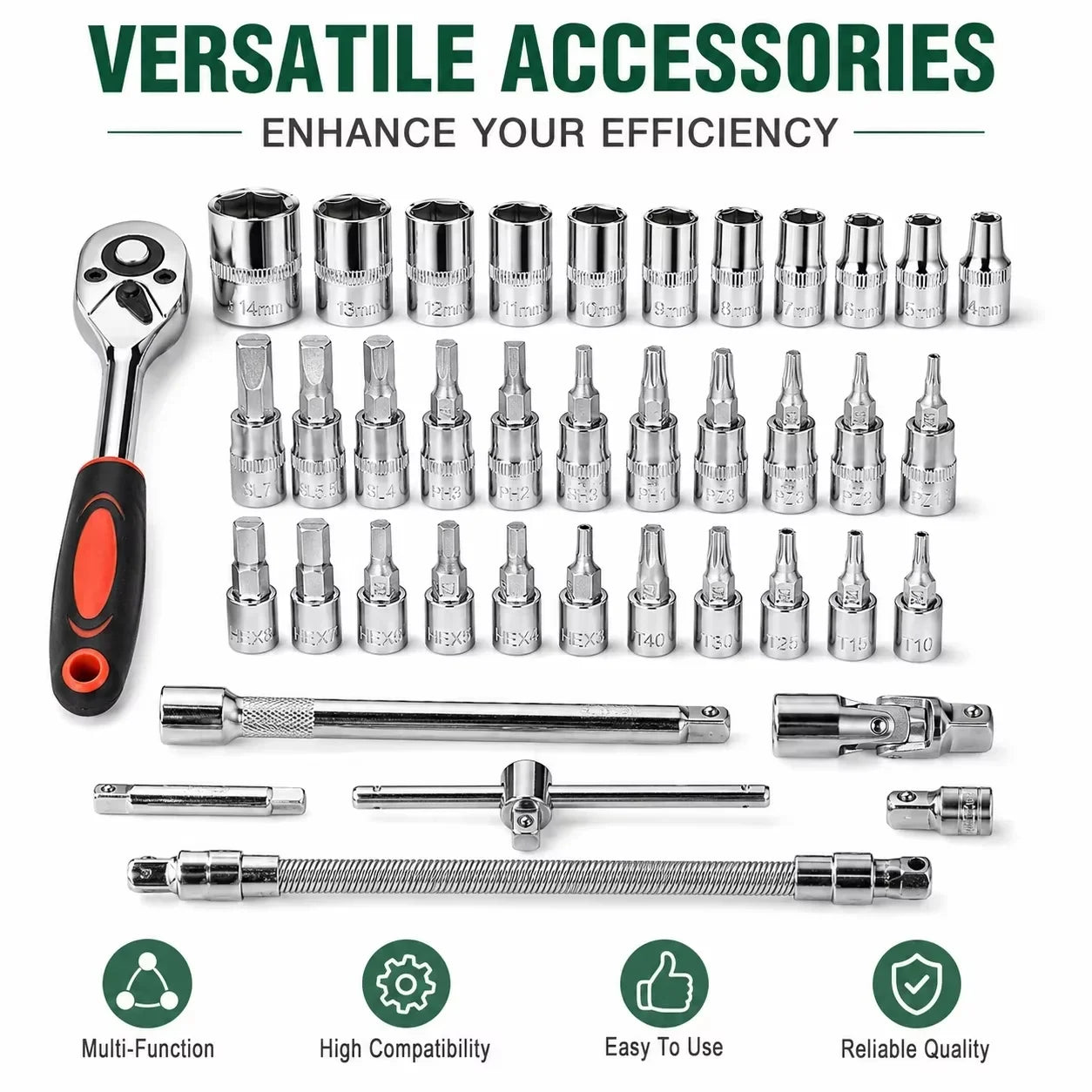 Professional 46pcs Cr-V Steel Socket Set with Ratchet Wrench Storage Bag Durable Sockets Extension Bar for Auto Home Repair Tool