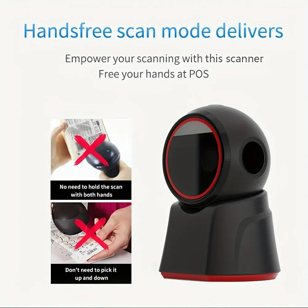 2D barcode scanner hands-free scan mode, black unit with red LED ring and base