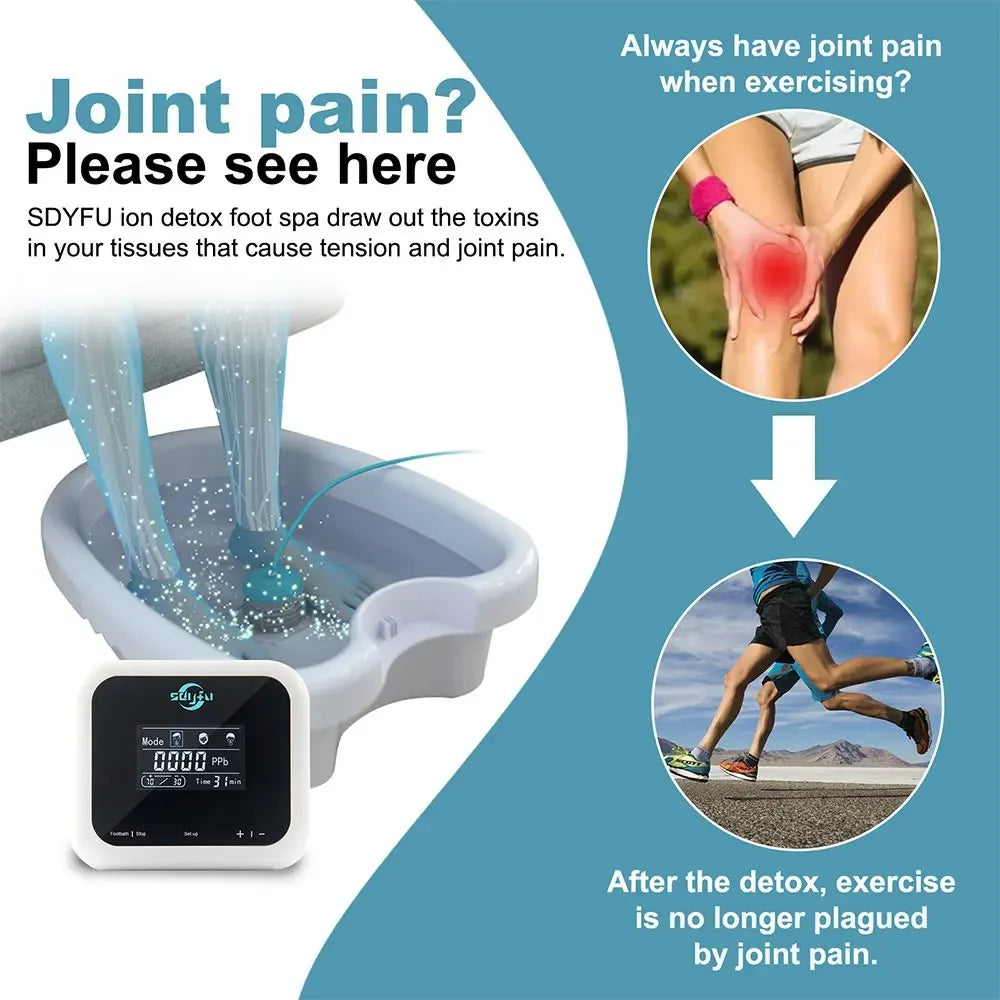 Ionic detox foot bath spa machine with touch display, cleansing array, and basin for fatigue and joint pain relief.