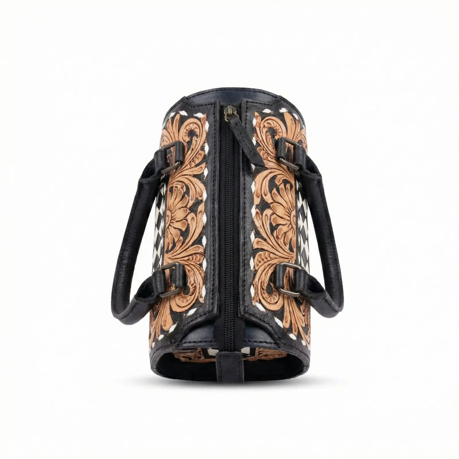 Genuine leather speedy duffle trunk with floral tooling, black and white checkerboard pattern, and top zipper closure.