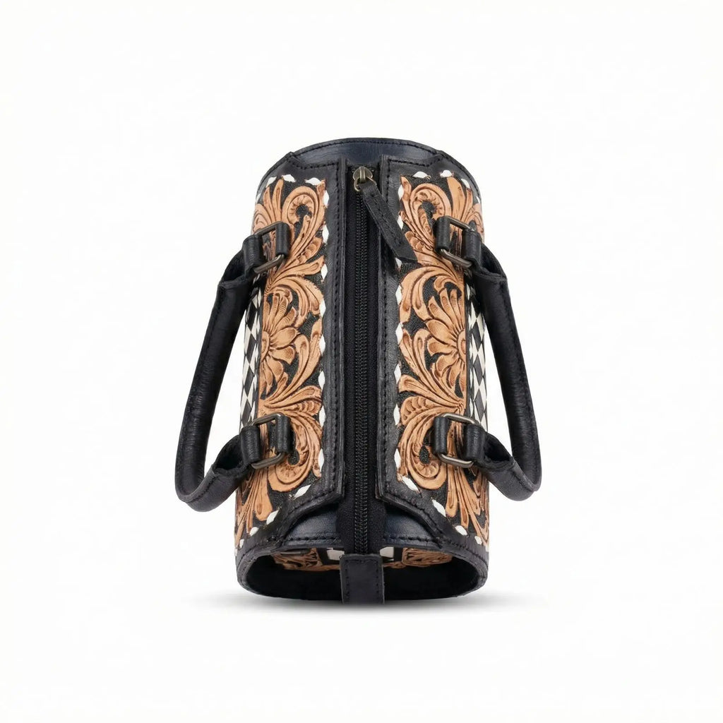 Luxury hand-tooled floral leather weekender trunk bag with black and white checkered patterns and zip top closure.