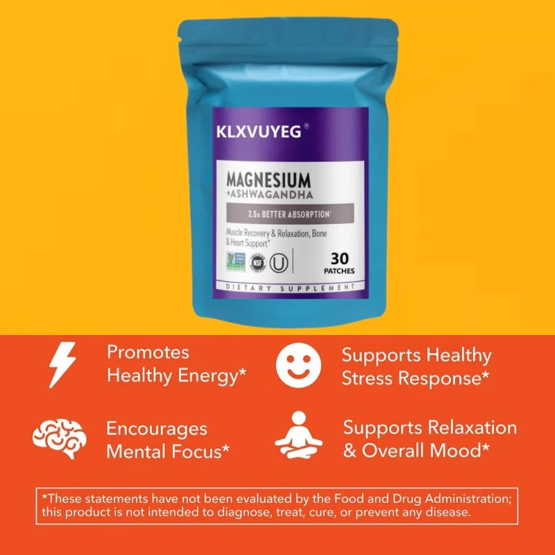 Magnesium, KLXVUYEG Magnesium + Ashwagandha Supplement, Muscle Recovery, Heart & Bone Health, Calm & Relaxation, 30 Patches