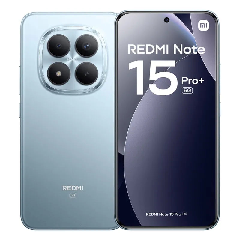 Xiaomi Redmi Note 15 Pro Plus 5G light blue, front and rear view, 200MP camera system, smartphone display.