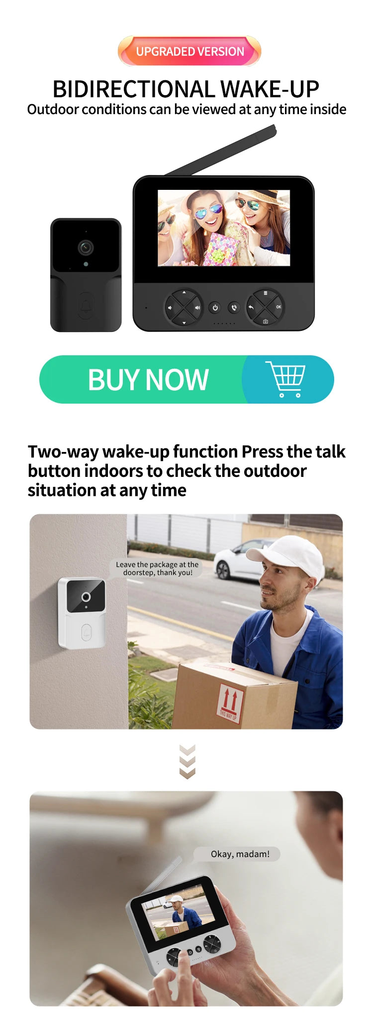Wireless video doorbell, 4.3 "IPS display 720P high definition intelligent intercom, 2.4G wireless two-way call, night vision