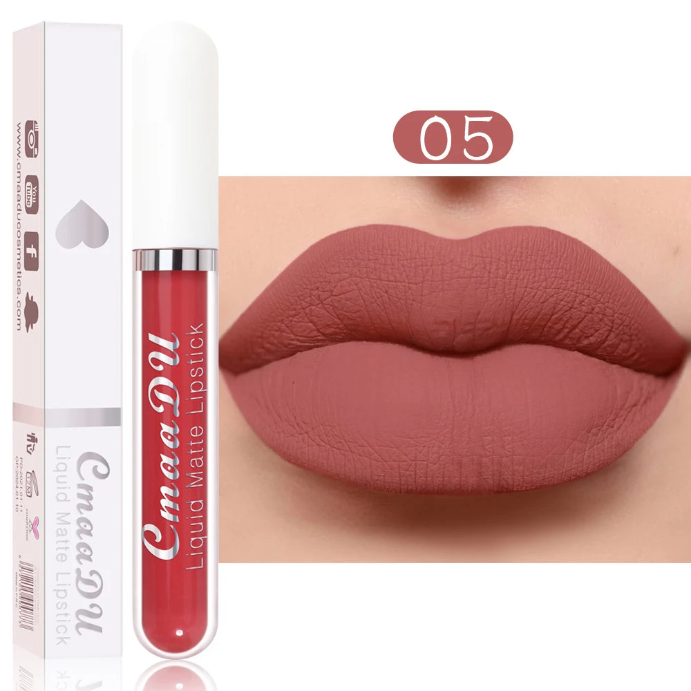 CmaaDu long-lasting matte liquid lipstick in shade 05, featuring a smooth, non-stick, waterproof dusty rose lip finish.