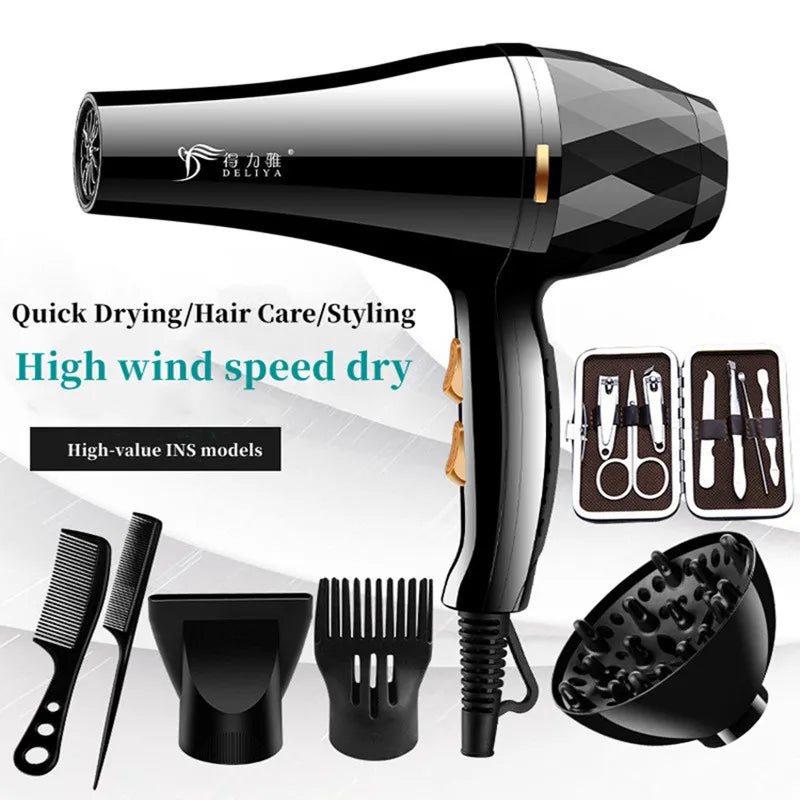 Black 2400W high-speed hair dryer with styling nozzles, diffuser, combs, and nail kit for professional home hair care.