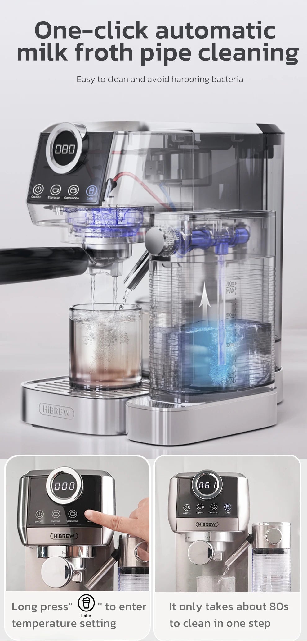 HiBREW silver espresso machine with automatic milk frother cleaning and digital display for home coffee brewing.
