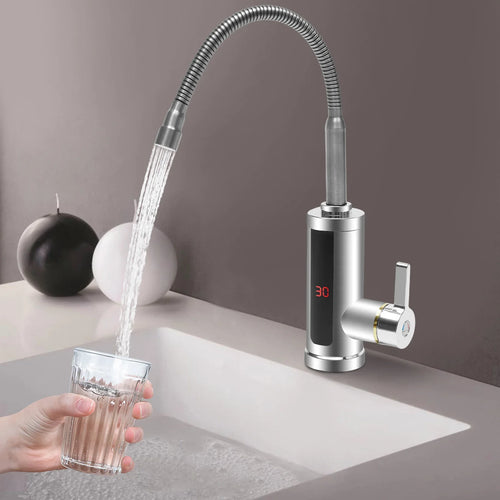 Stainless steel instant electric faucet water heater with LCD temperature display and spout