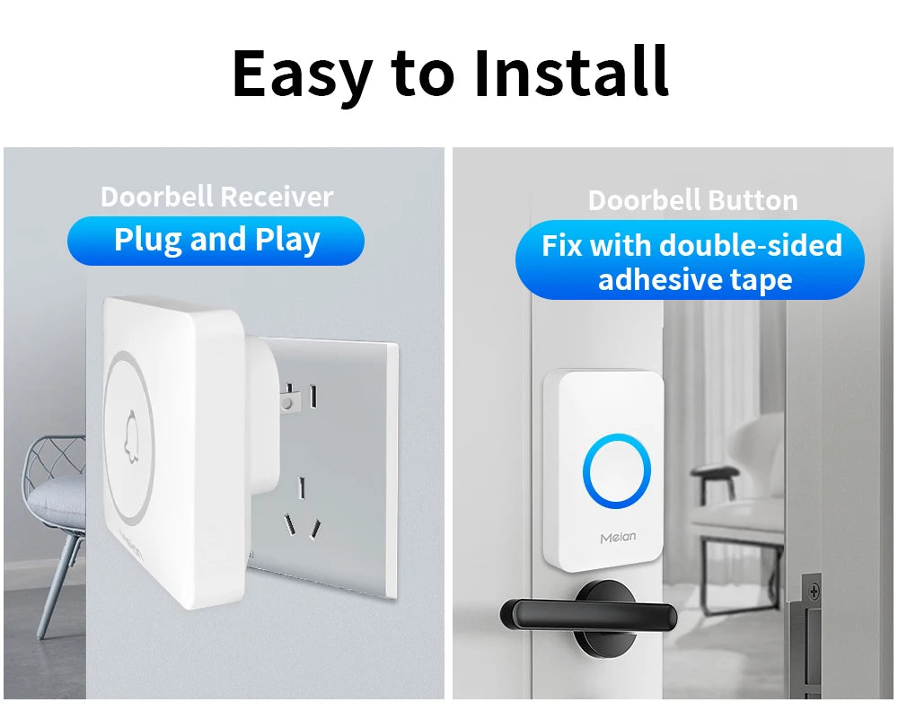 Meian Smart Home Doorbell Wireless Security Doorbell IP65 Waterproof Outdoor Door Bell 60 Songs 5 Volume Adjustable Chime Kit