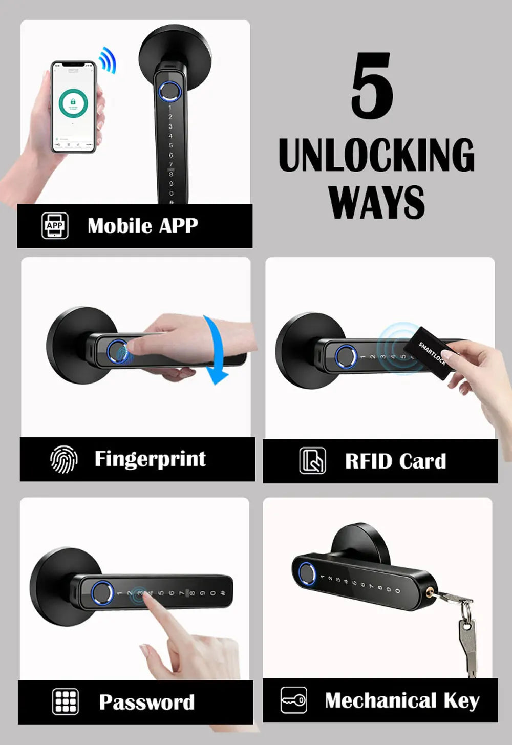 Tuya App Smart Digital Lock Handle with Fingerprint Password Key Card Unlocking Access Handle Lock for Room Home Security