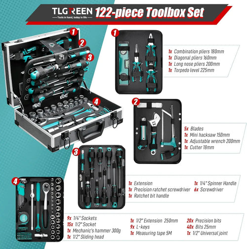Aluminum tool case set with illustrated parts and open toolbox layout of tools
