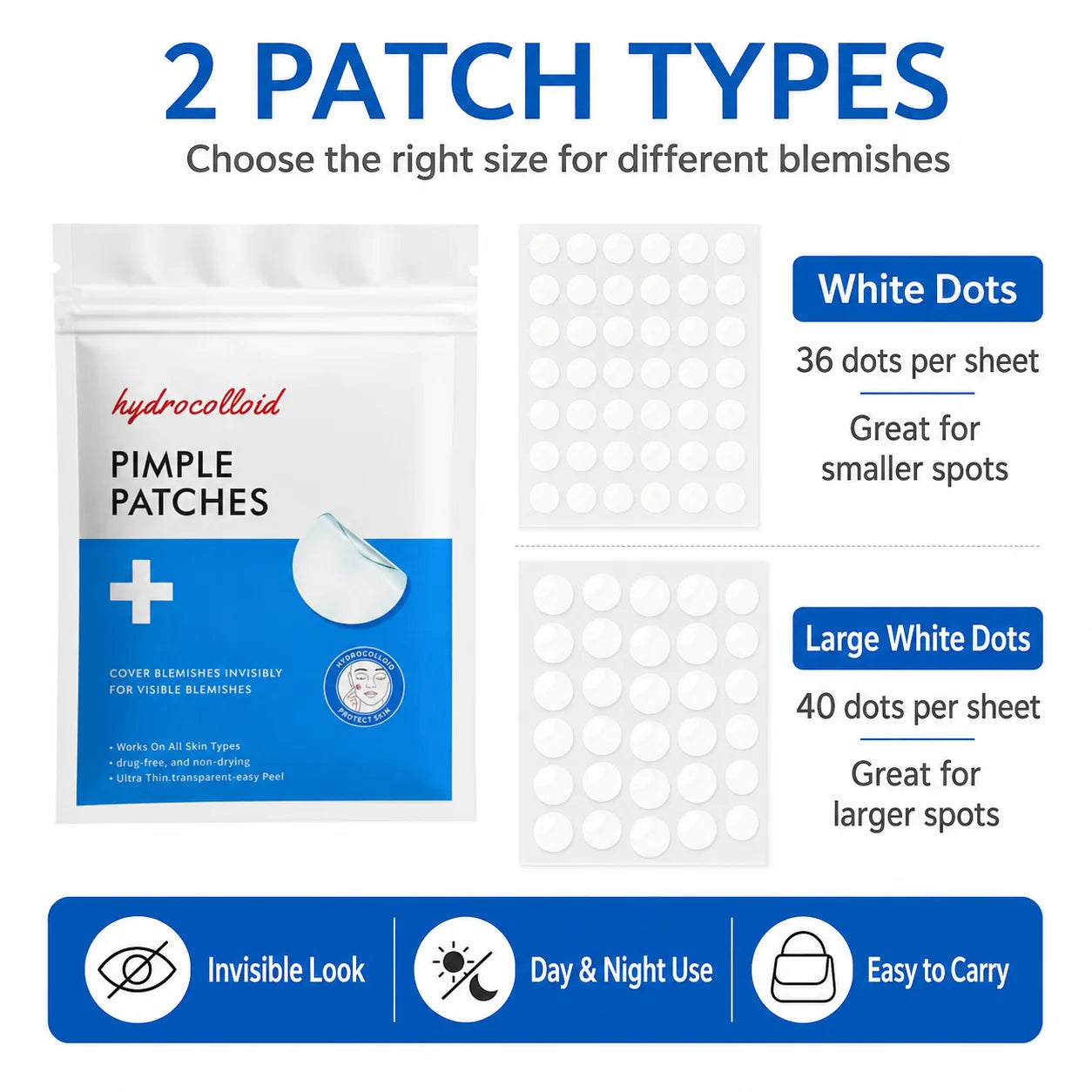 380/760pcs Hydrocolloid Pimple Patches, 2 Round Dot Types, Invisible Spot Cover Stickers, Day Night Use
