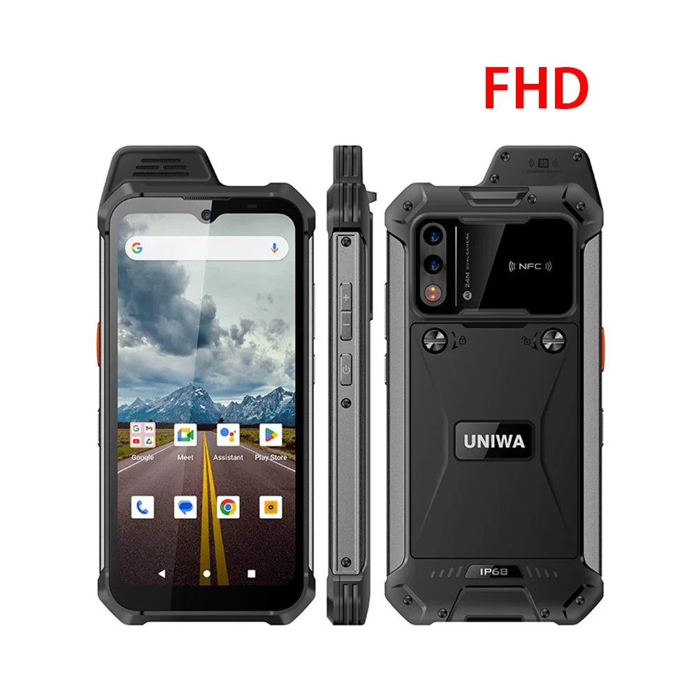 UNIWA W999 rugged black smartphone: front, side, and rear views showing FHD screen, walkie-talkie, and NFC camera.