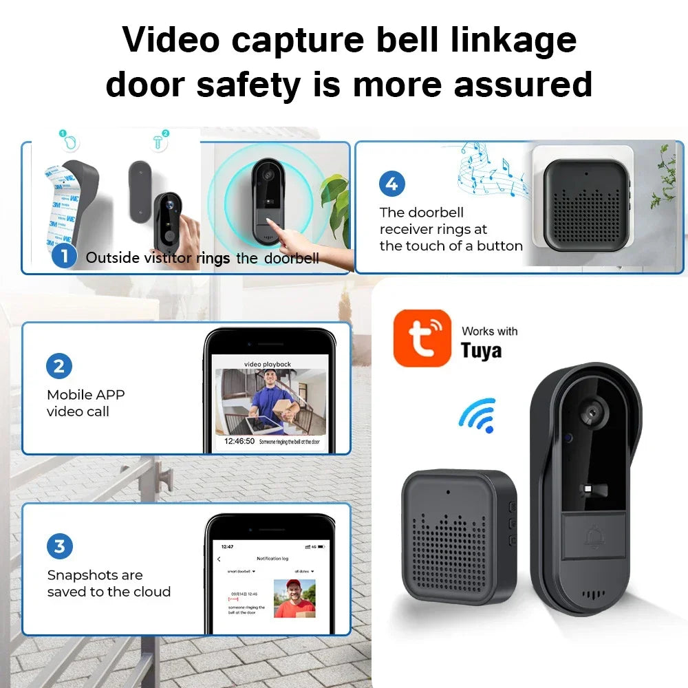 Tuya WiFi doorbell  2-way HD 1080P, microSD/cloud, waterproof, 1000mAh battery, long standby,Wireless Security Camera