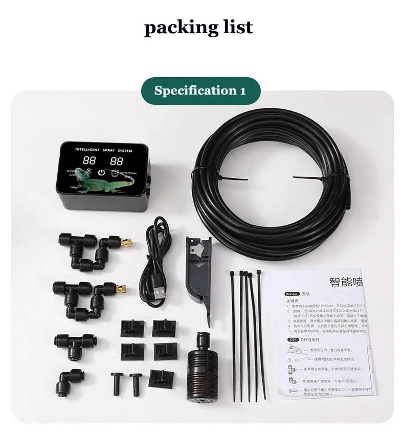 Spray irrigation system kit contents with controller, tubing coil, fittings, and manual
