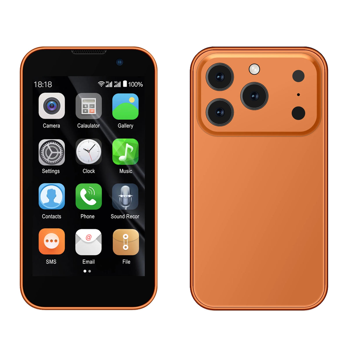 Orange smartphone front and back with dual cameras, showing both sides of device