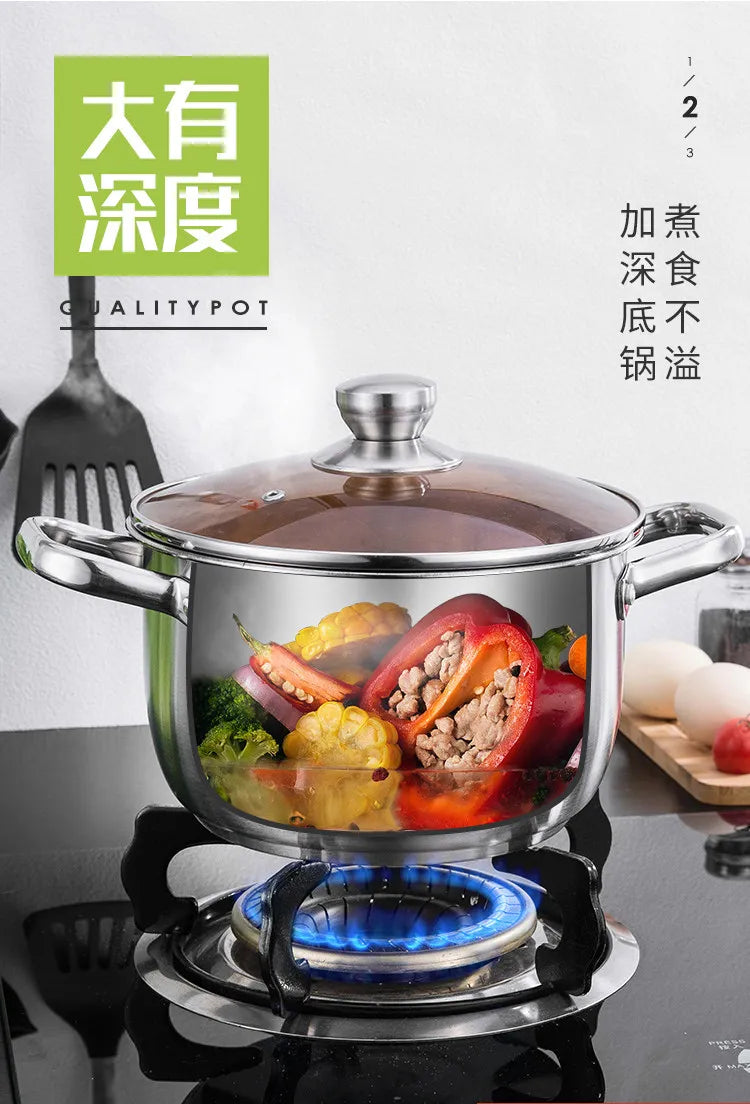 Stainless steel steamer pot with domed lid on gas burner, food inside
