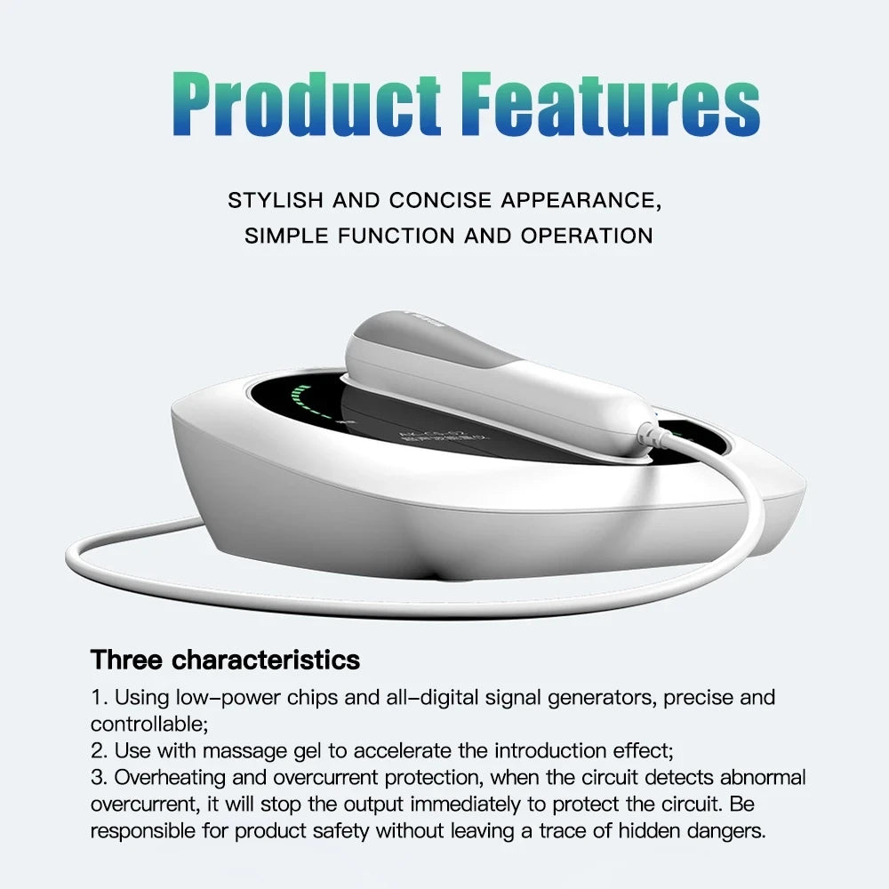 White 1MHz ultrasonic physiotherapy device with handheld massage wand for home pain relief and muscle therapy.