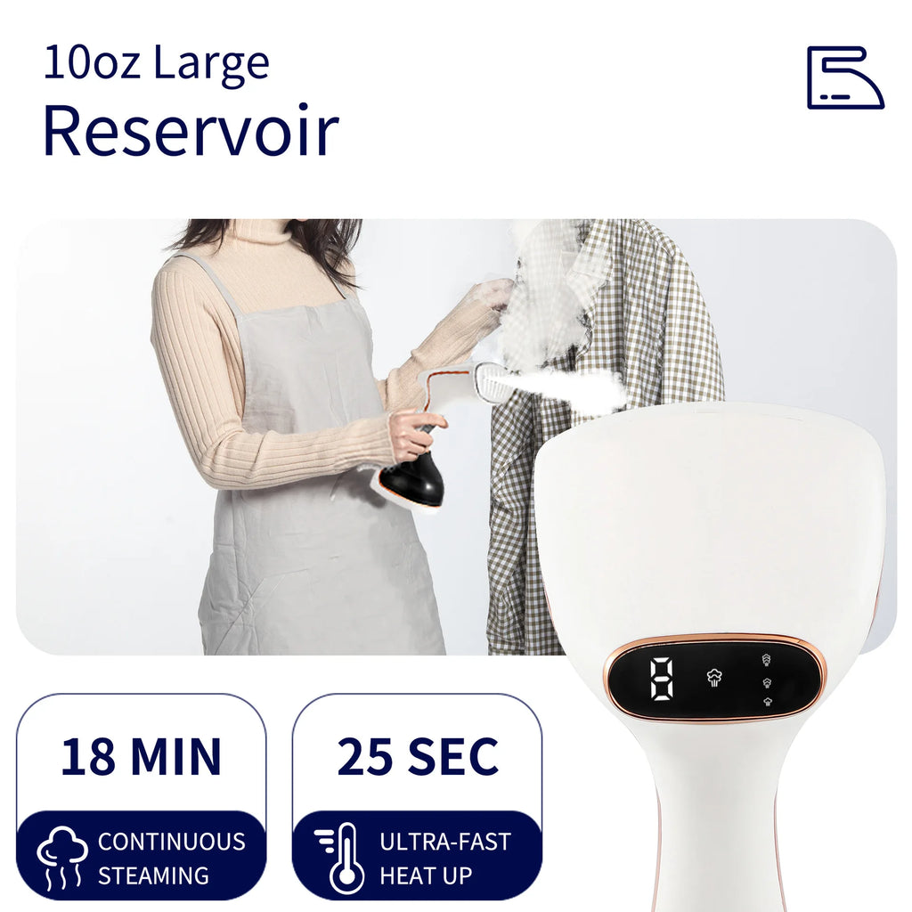 Tidesmit 1800W portable steam iron showing touchscreen controls and 320ml water tank for rapid garment steaming