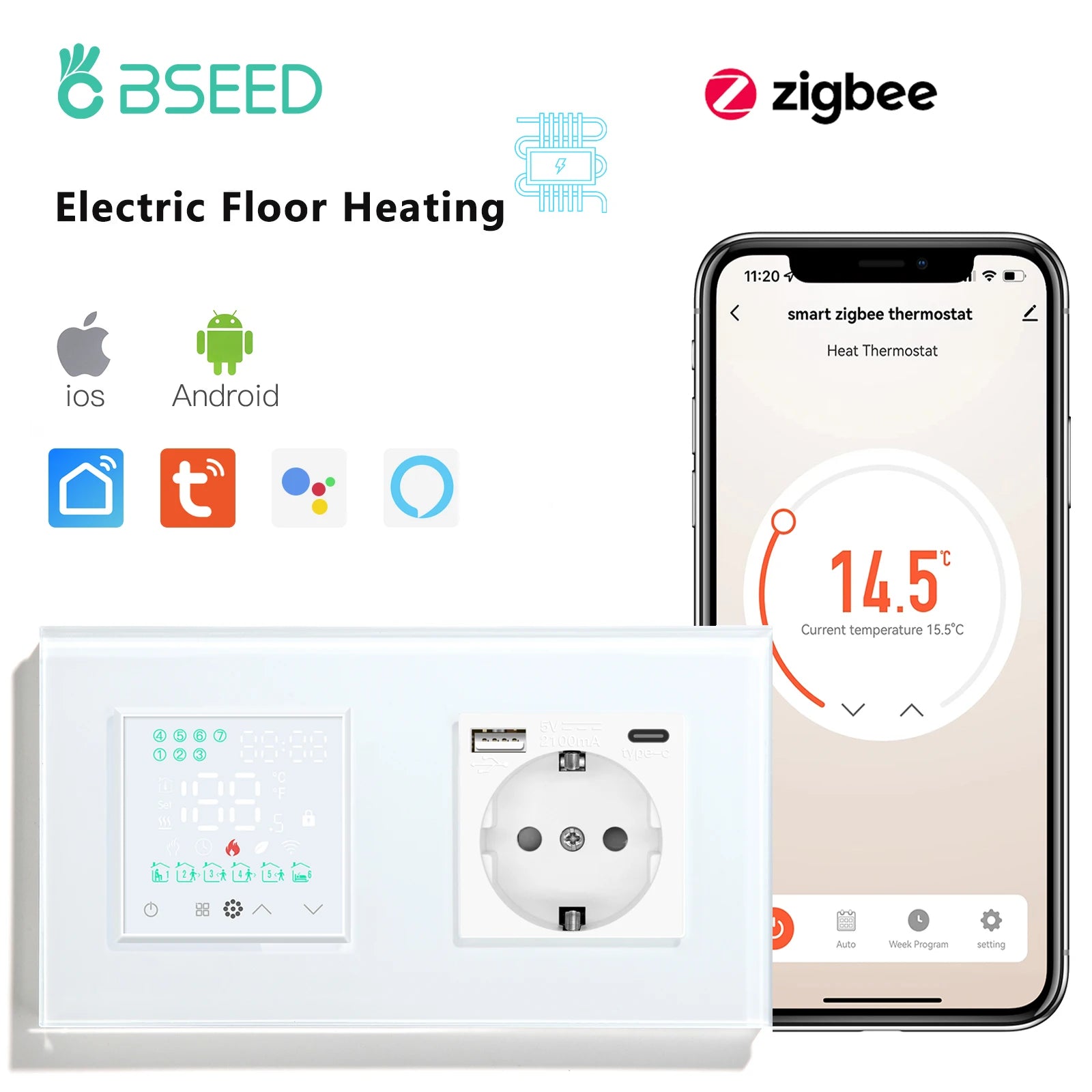 BSEED Zigbee Thermostat LED Touch Screen Switches Electric Floor Heating Room Alexa Temperature Controller Tuya App USB Socket