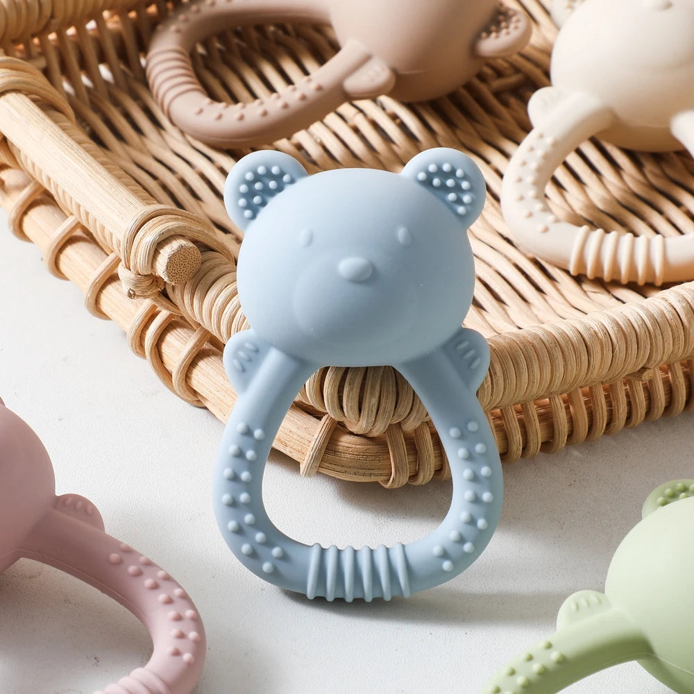 Baby Silicone Teether Bear Hand Bell Food Grade Teether Toys Rattle Baby 0-12 Months Silicone Sensory Toys Silicone Teething Toy