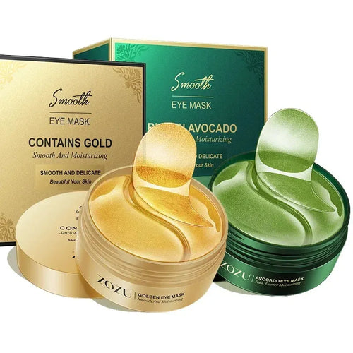 Eye mask set with gold and avocado-green jars and stacked eye pads