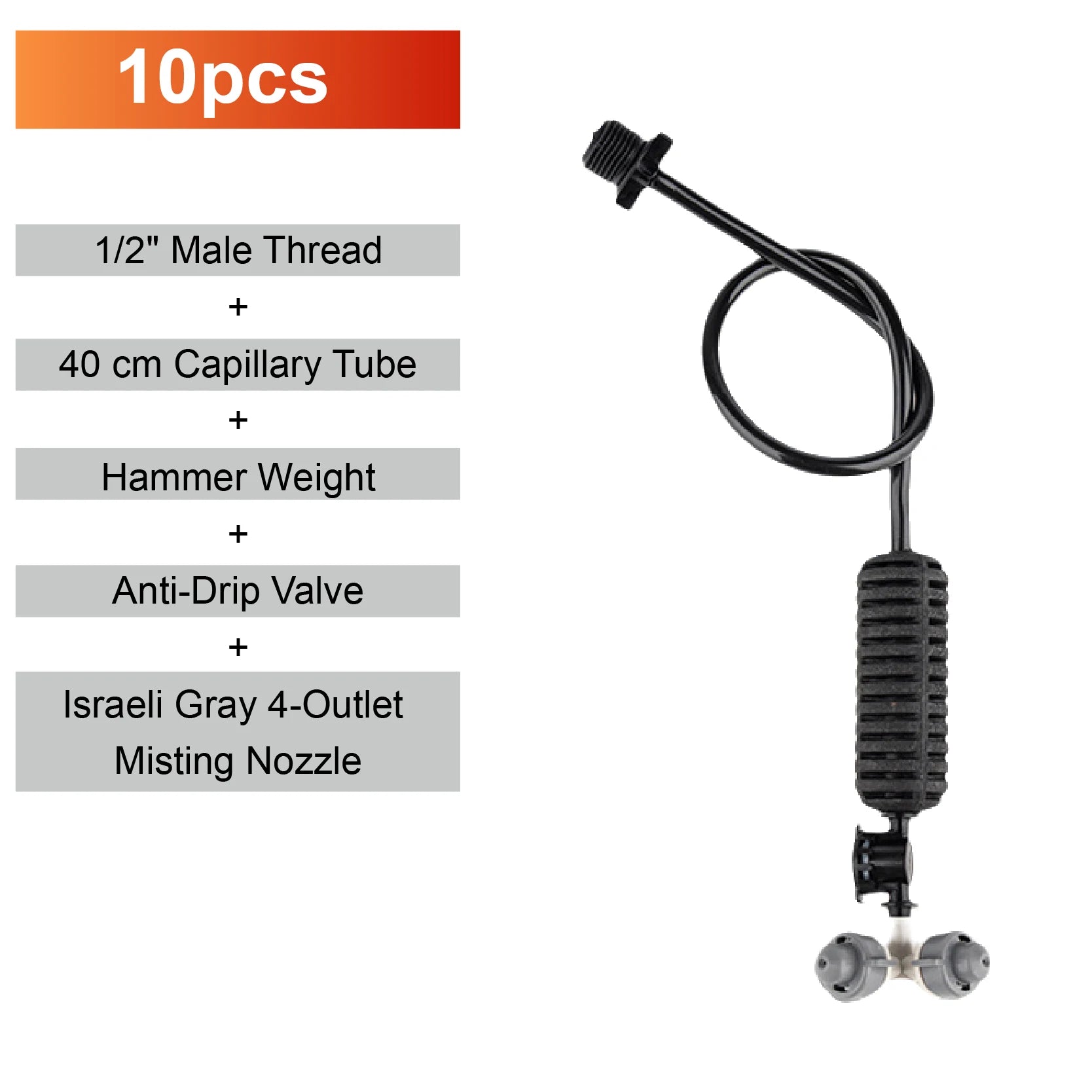 Hanging misting nozzle kit with black tube, anti-drip valve, and gray 4-outlet sprinkler head