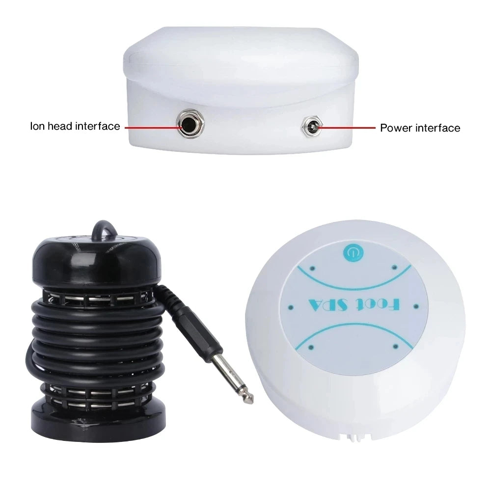 Ionic foot detox spa machine set with black array, white controller, power interface, and ion head input.