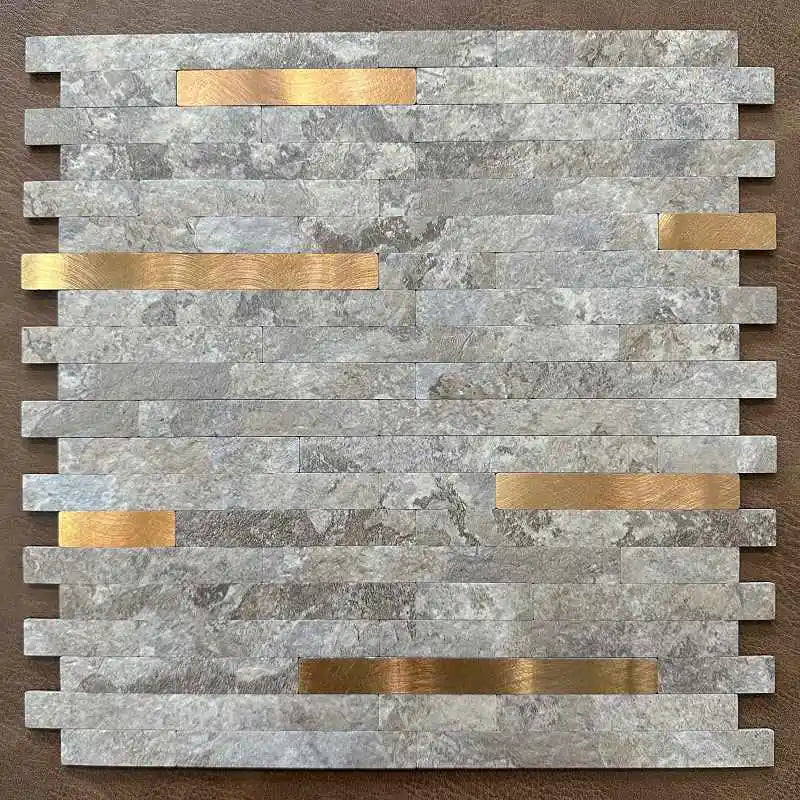 Mosaic wall tile peel-and-stick, gray marble pattern with gold metallic strips, rectangle pieces