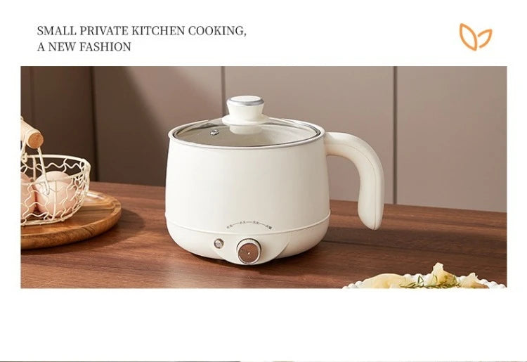 White electric multi-cooker hot pot with lid, side handle, and front heat dial