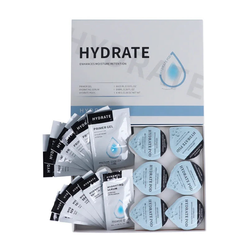 Hydrate oxygen facial spa kit with primer gel, hydrating serum, and exfoliation pods for rejuvenation beauty device.